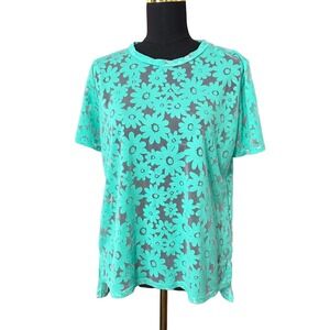 SJS Floral Burnout Mesh Tee Women Medium Teal Green Excellent Short Sleeve Daisy